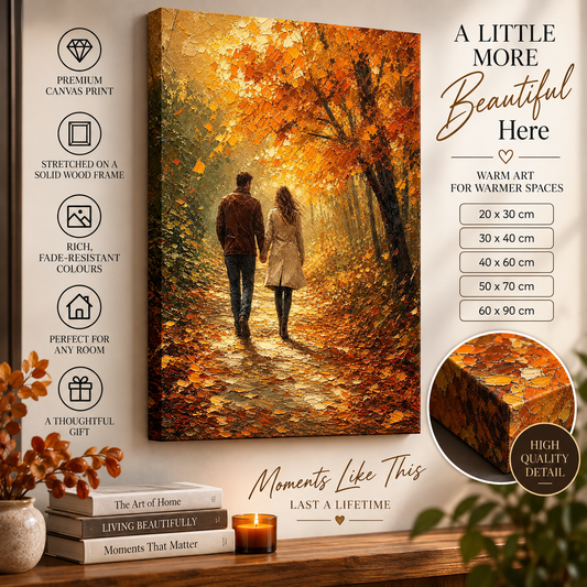 Autumn Couple Canvas Wall Art – Romantic Woodland Walk Print in Warm Orange & Gold Tones