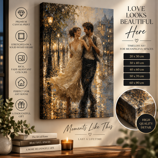 Romantic Couple Canvas Wall Art – Dancing in the Rain City Print in Warm Gold & Neutral Tones