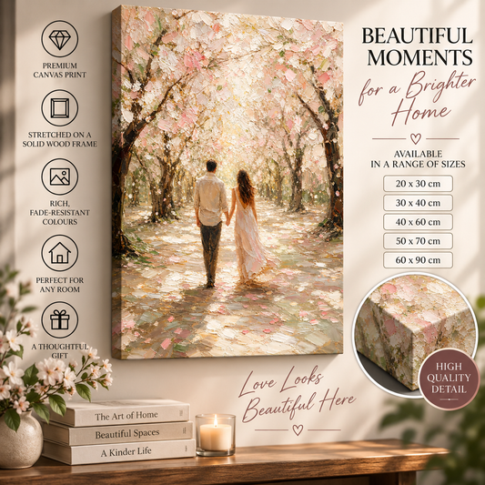 Romantic Blossom Walk Canvas Wall Art – Couple Under Flowering Trees in Soft Neutral Tones