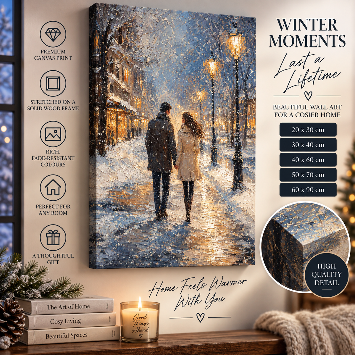 Romantic Winter Couple Canvas Wall Art – Snowy Evening Walk with Golden Street Lights