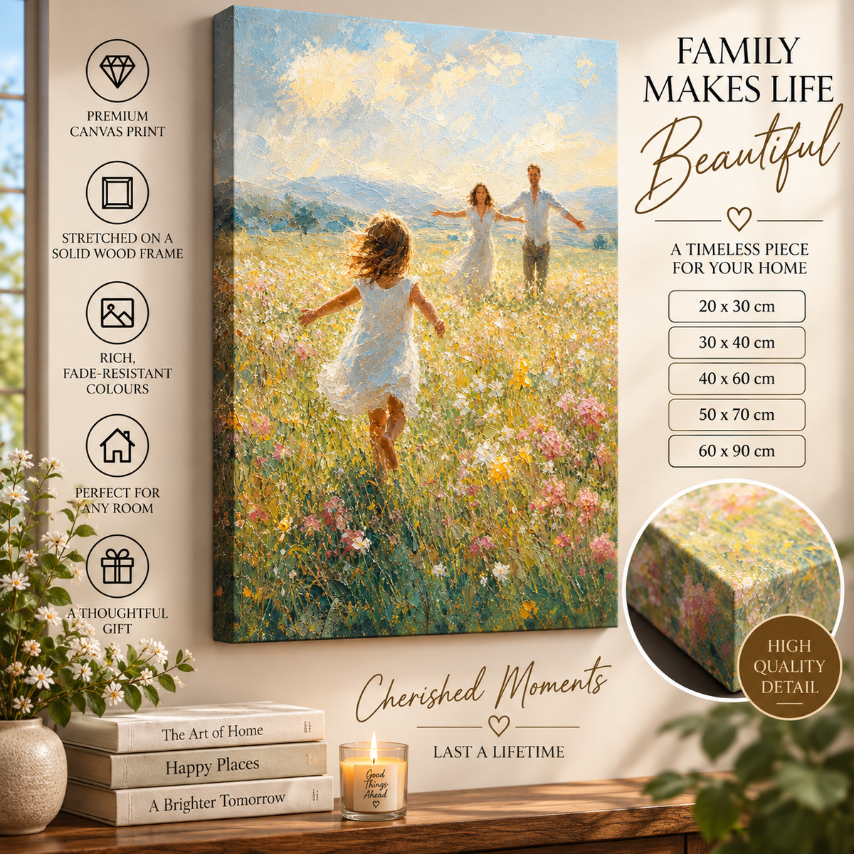 Family Wildflower Meadow Canvas Wall Art – Joyful Parents & Child in Soft Spring Tones