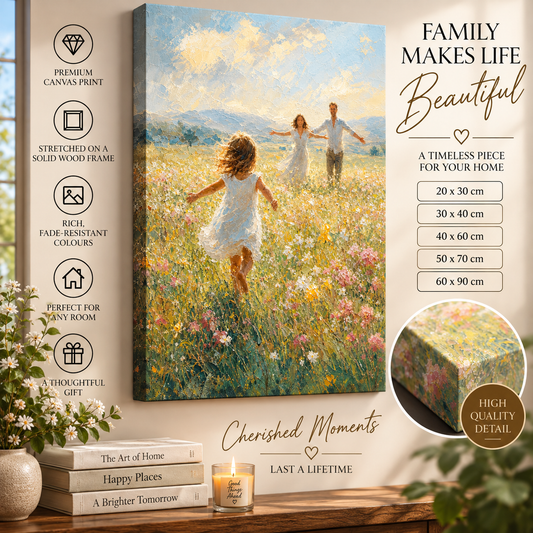 Family Wildflower Meadow Canvas Wall Art – Joyful Parents & Child in Soft Spring Tones