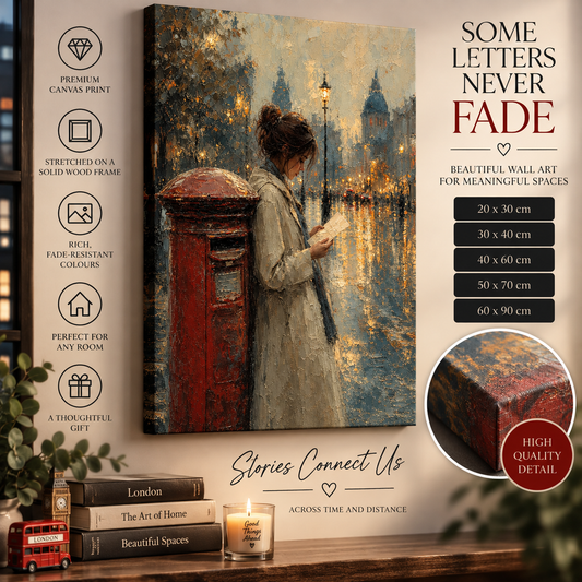 London Letter Canvas Wall Art – Woman by Red Post Box in Rainy City Scene