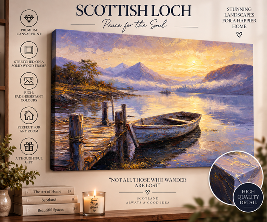 Scottish Loch Canvas Wall Art – Rowing Boat & Mountain Sunset Landscape Print