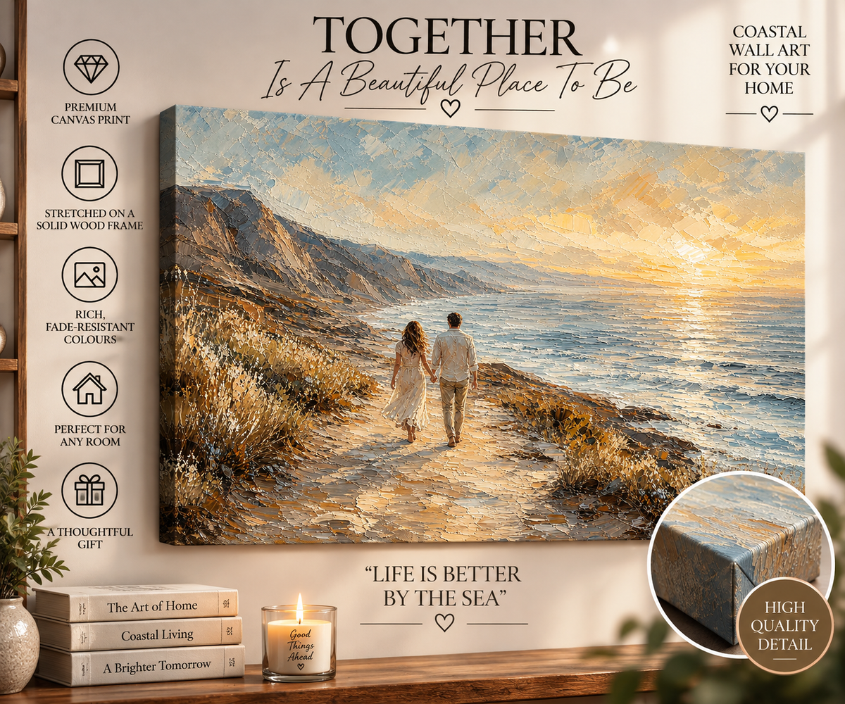 Romantic Coastal Walk Canvas Wall Art – Couple by the Sea at Sunset