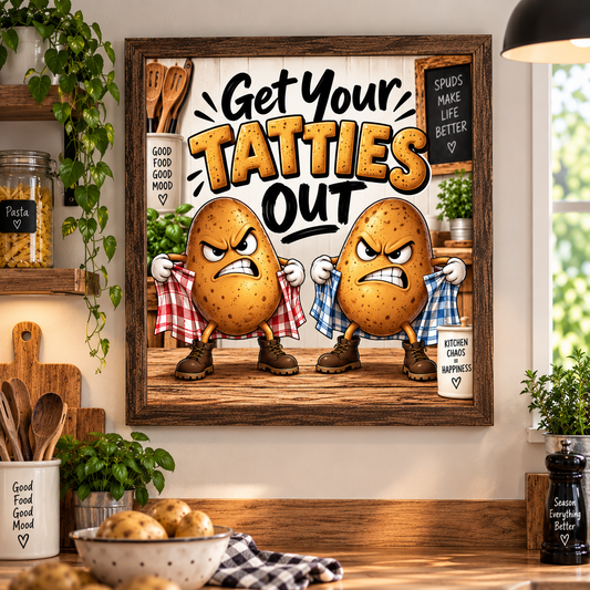 Get Your Tatties Out Framed Kitchen Wall Art – Funny Scottish Potato Print