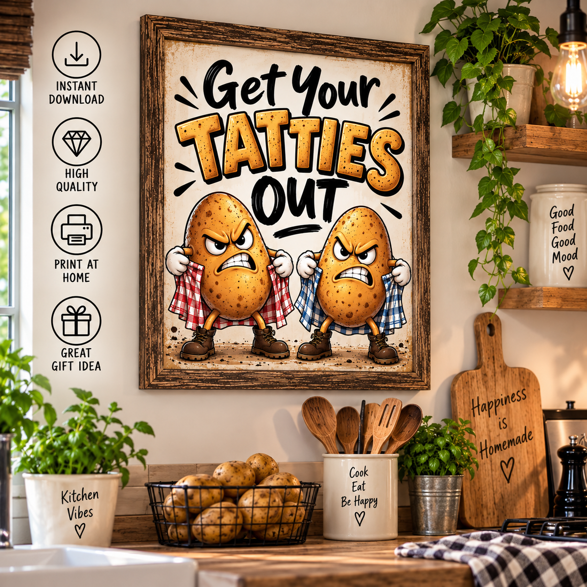 Get Your Tatties Out Framed Kitchen Wall Art – Funny Scottish Potato Print