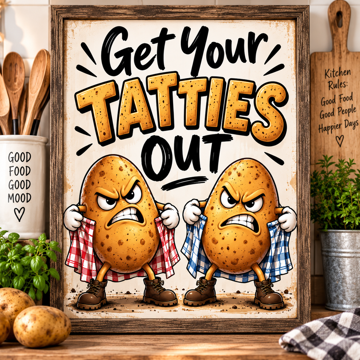 Get Your Tatties Out Framed Kitchen Wall Art – Funny Scottish Potato Print