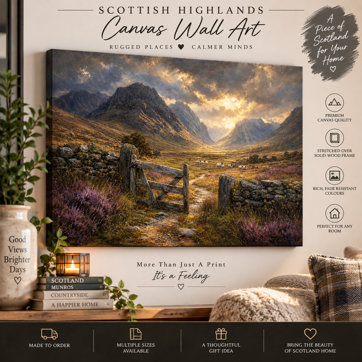Scottish Highland Canvas Wall Art – Rustic Farm Gate, Sheep & Dramatic Mountain Landscape