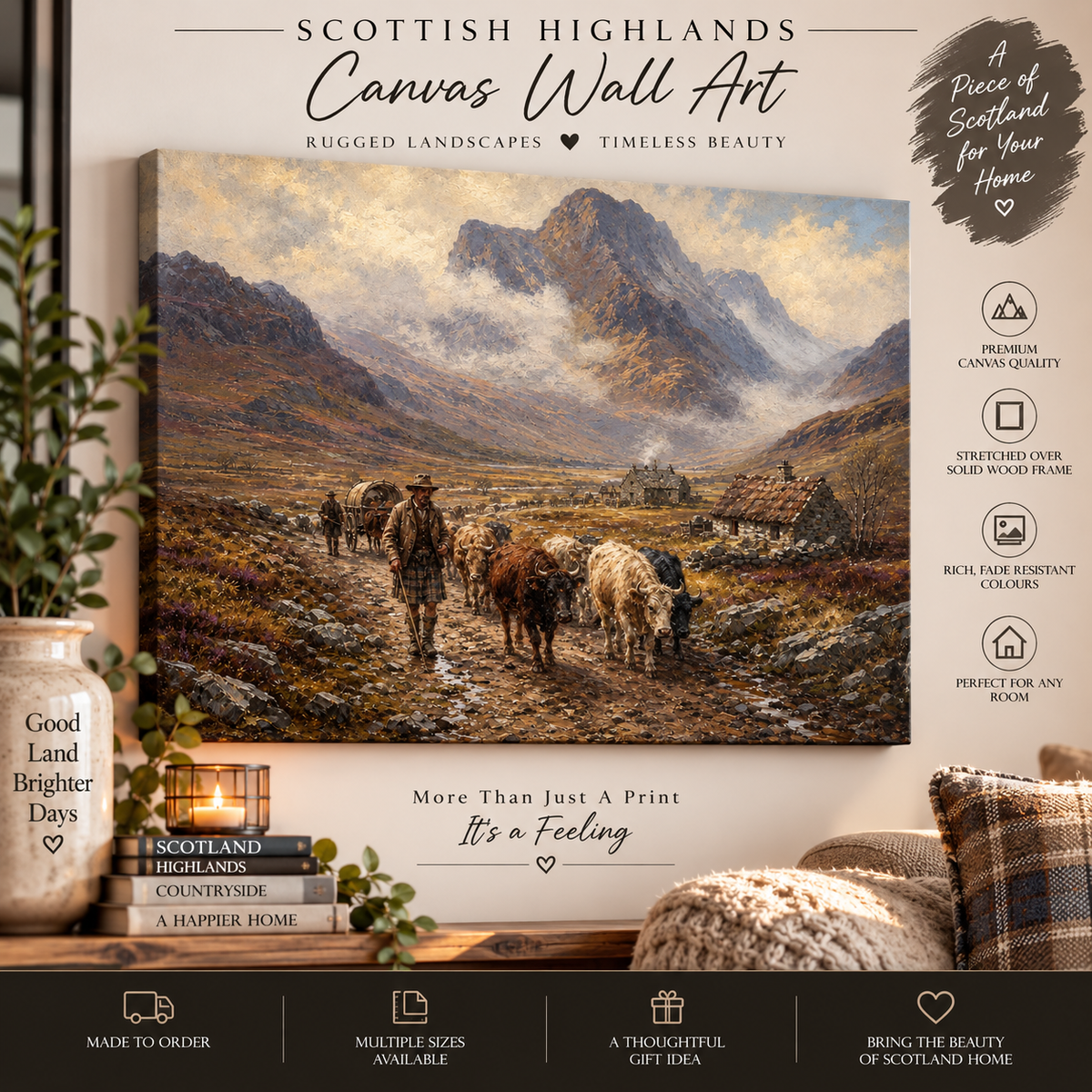 Scottish Highland Cattle Canvas Wall Art – Glen Coe Crofter Scene with Highland Cows