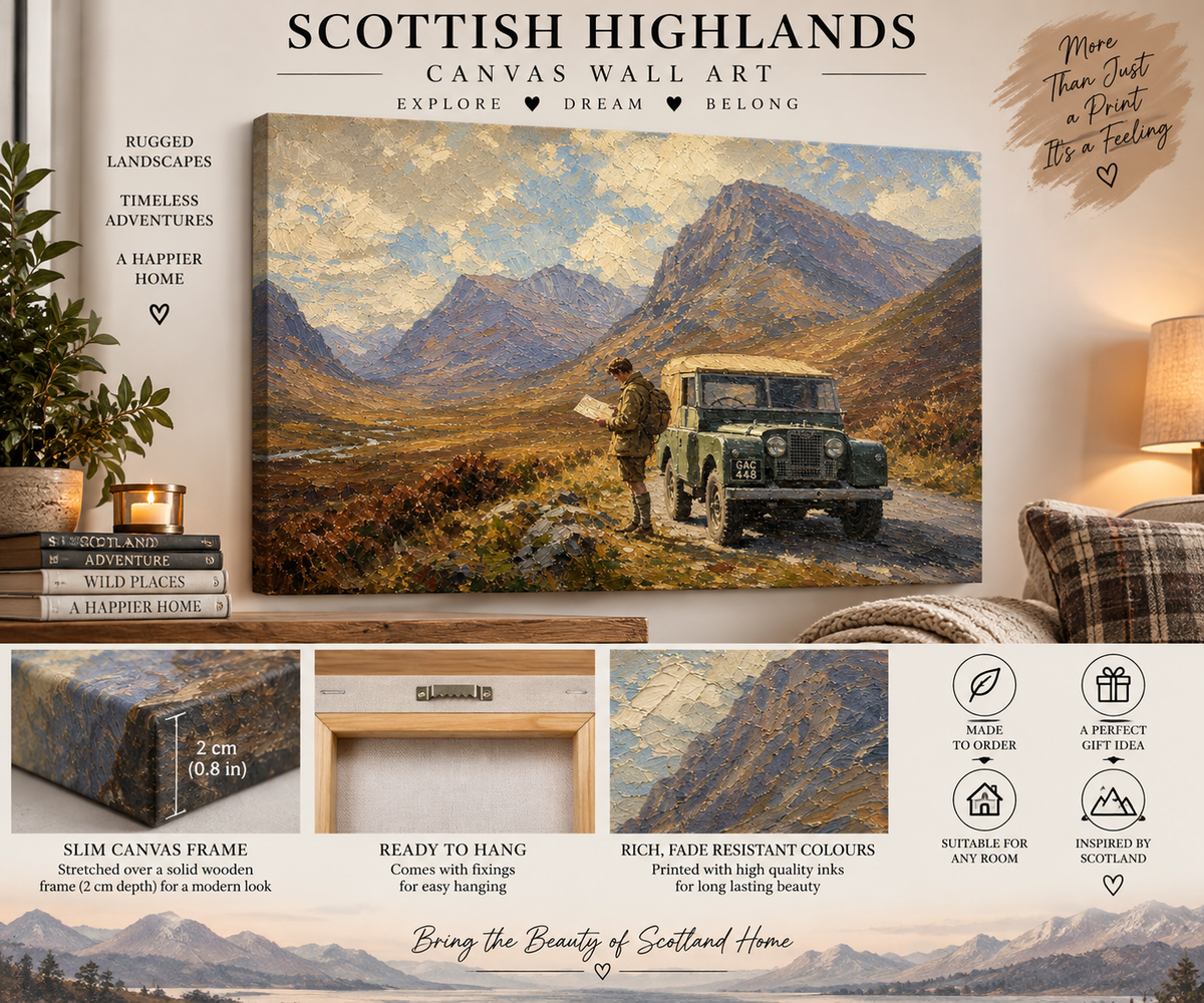 Scottish Highland Adventure Canvas Wall Art – Vintage Land Rover & Mountain Landscape