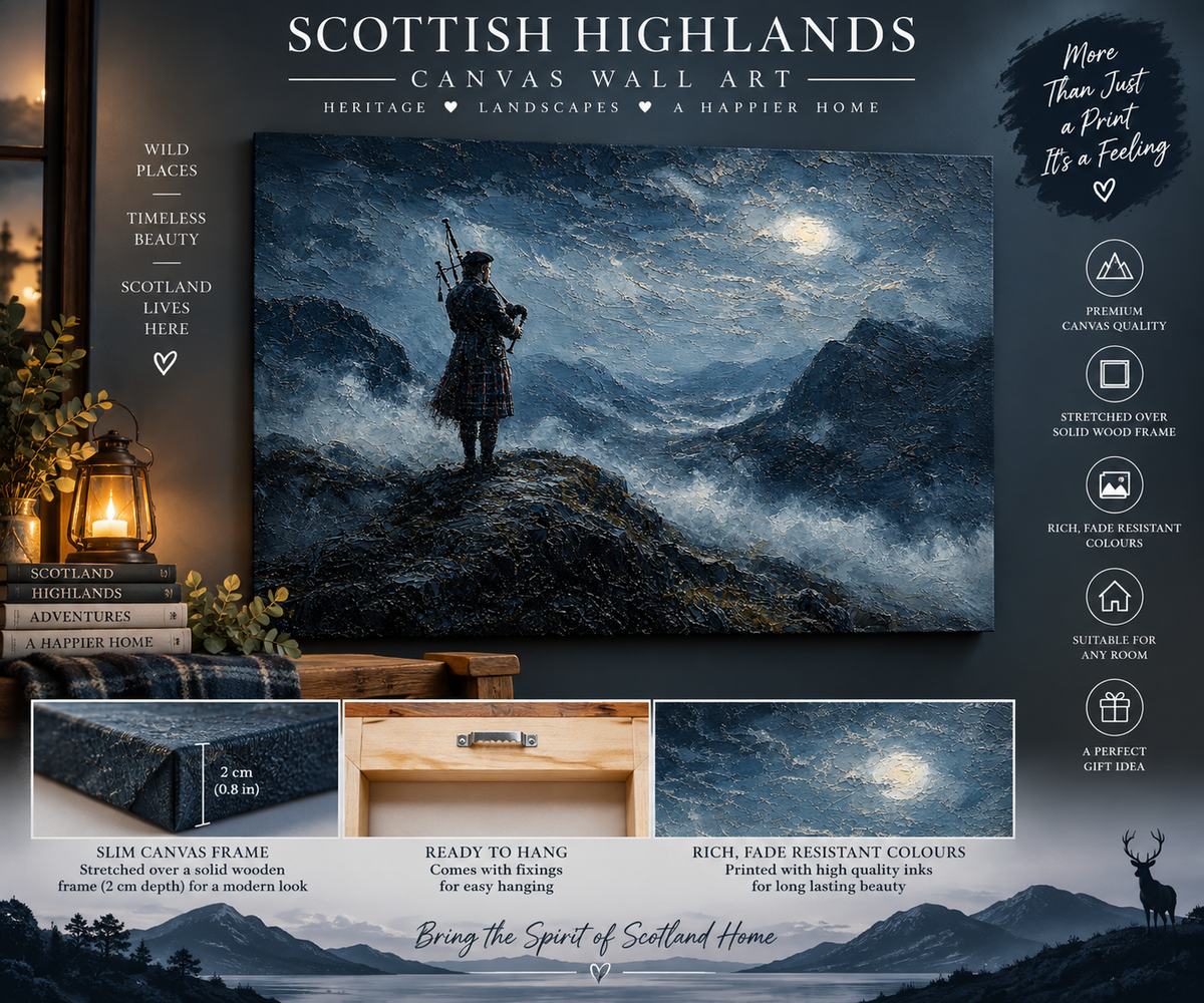 Scottish Highland Piper Canvas Wall Art – Moonlit Mountain Landscape
