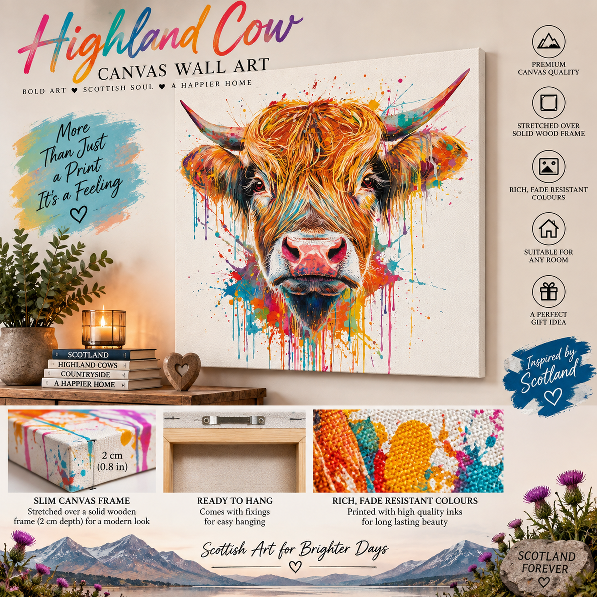 Colourful Highland Cow Canvas Wall Art – Vibrant Scottish Cow Splash Print