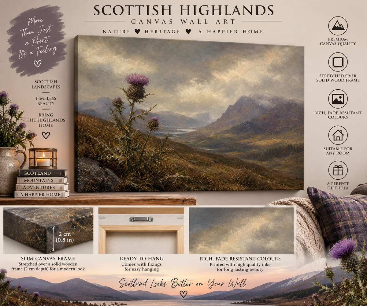 Scottish Thistle Canvas Wall Art – Misty Highland Glen Landscape