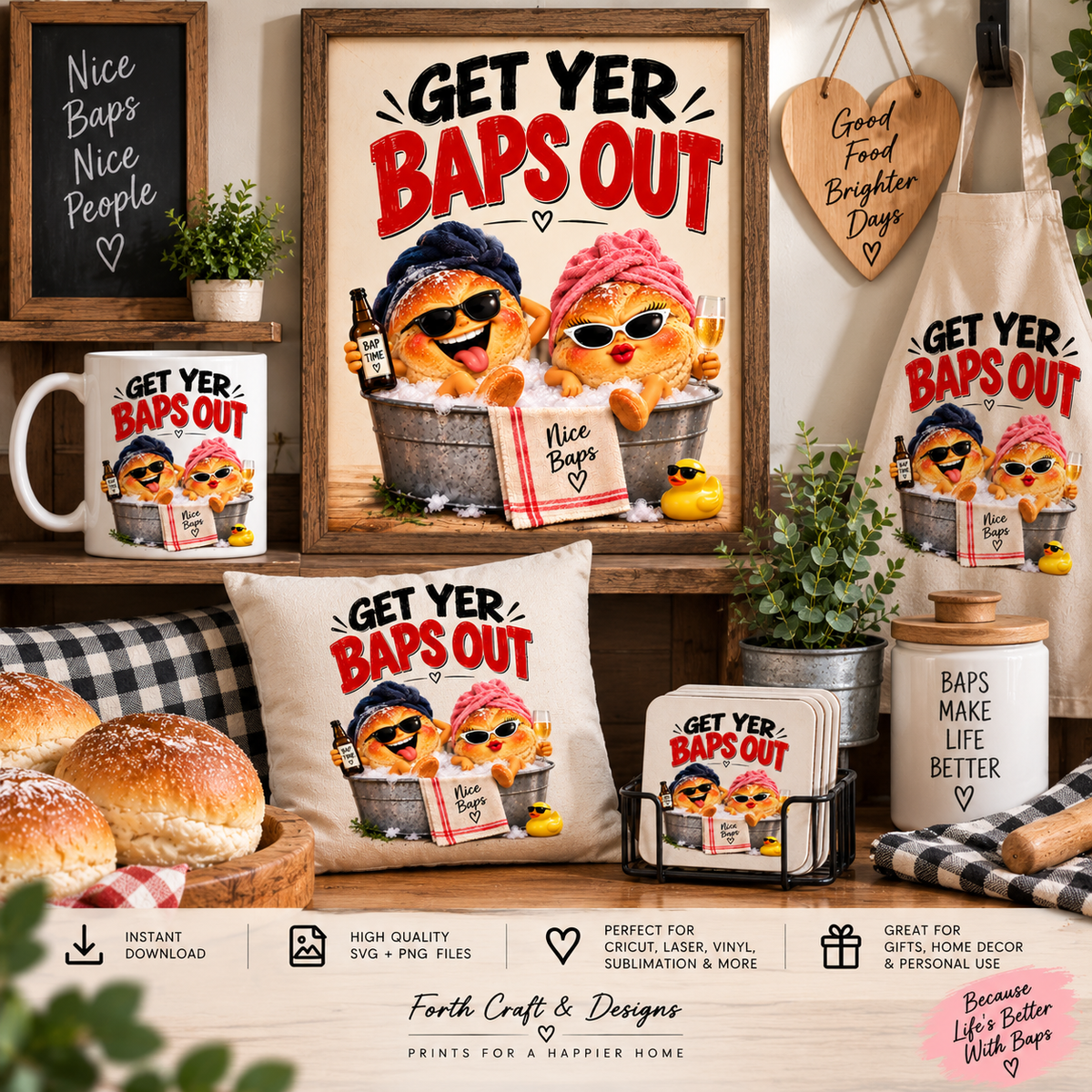 Get Yer Baps Out Framed Kitchen Wall Art – Funny Bread Roll Print