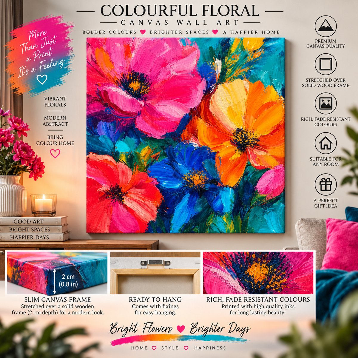 Colourful Floral Canvas Wall Art – Vibrant Abstract Flower Print