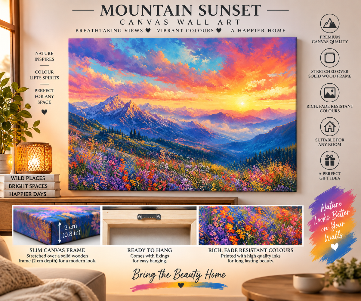 Colourful Mountain Sunset Canvas Wall Art – Vibrant Wildflower Landscape Print