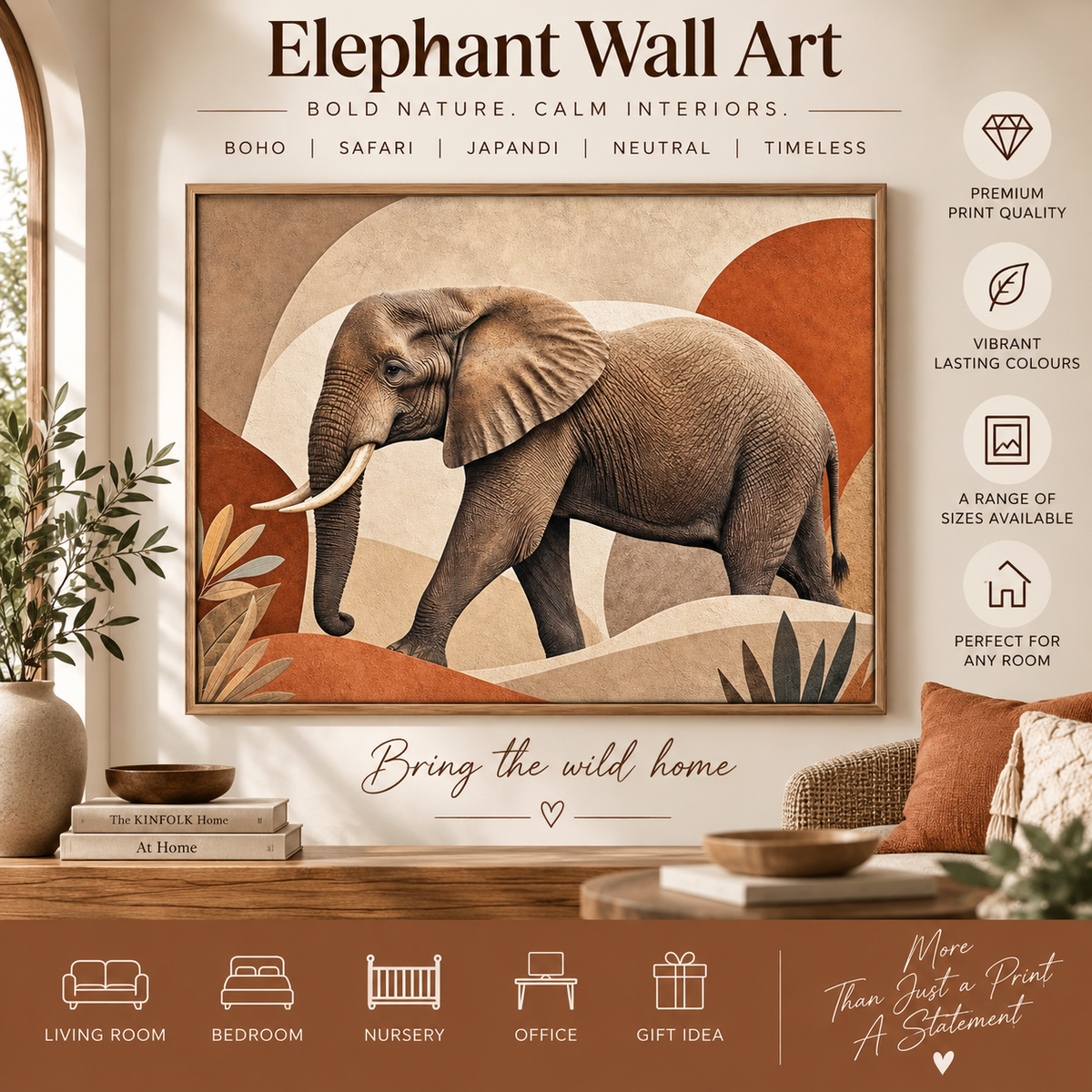 Boho Elephant Wall Art Print – Neutral Terracotta Safari Decor