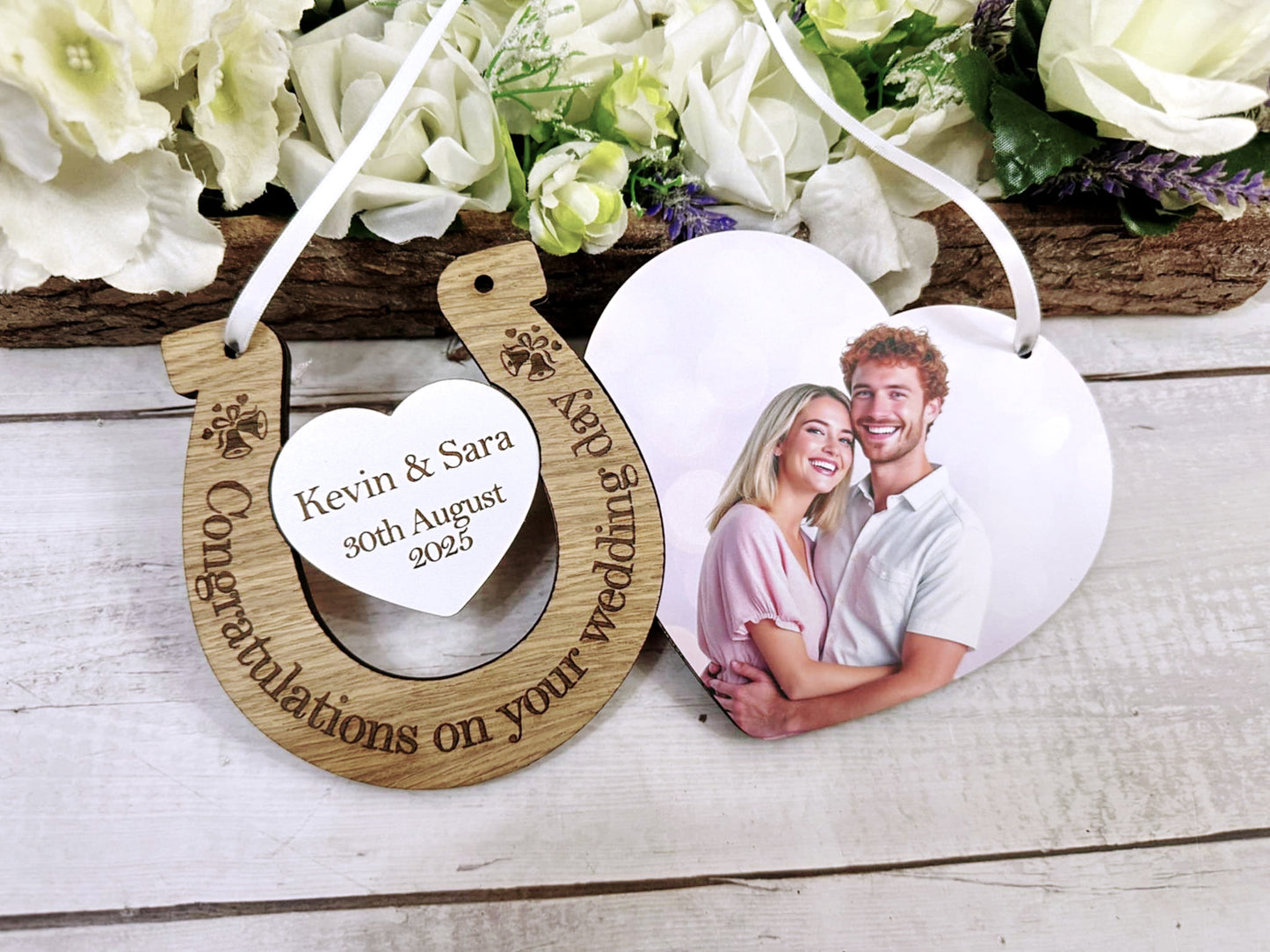 Personalised Wedding Horseshoe Gift – Wooden Heart Keepsake with Photo