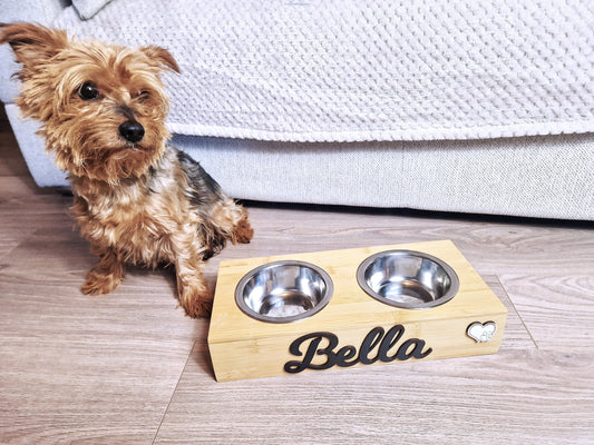 Personalised Wooden Dog  feeding station with stainless steel bowls-Forth Craft and Designs