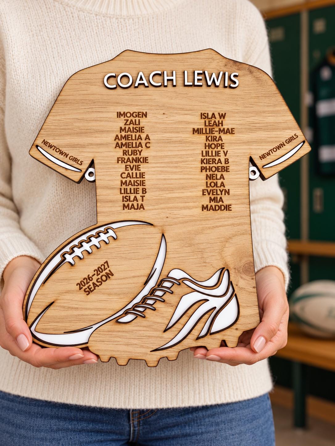 Personalised wooden rugby coach gift plaque with coach and player names on a rugby shirt design, featuring rugby ball and boot details.