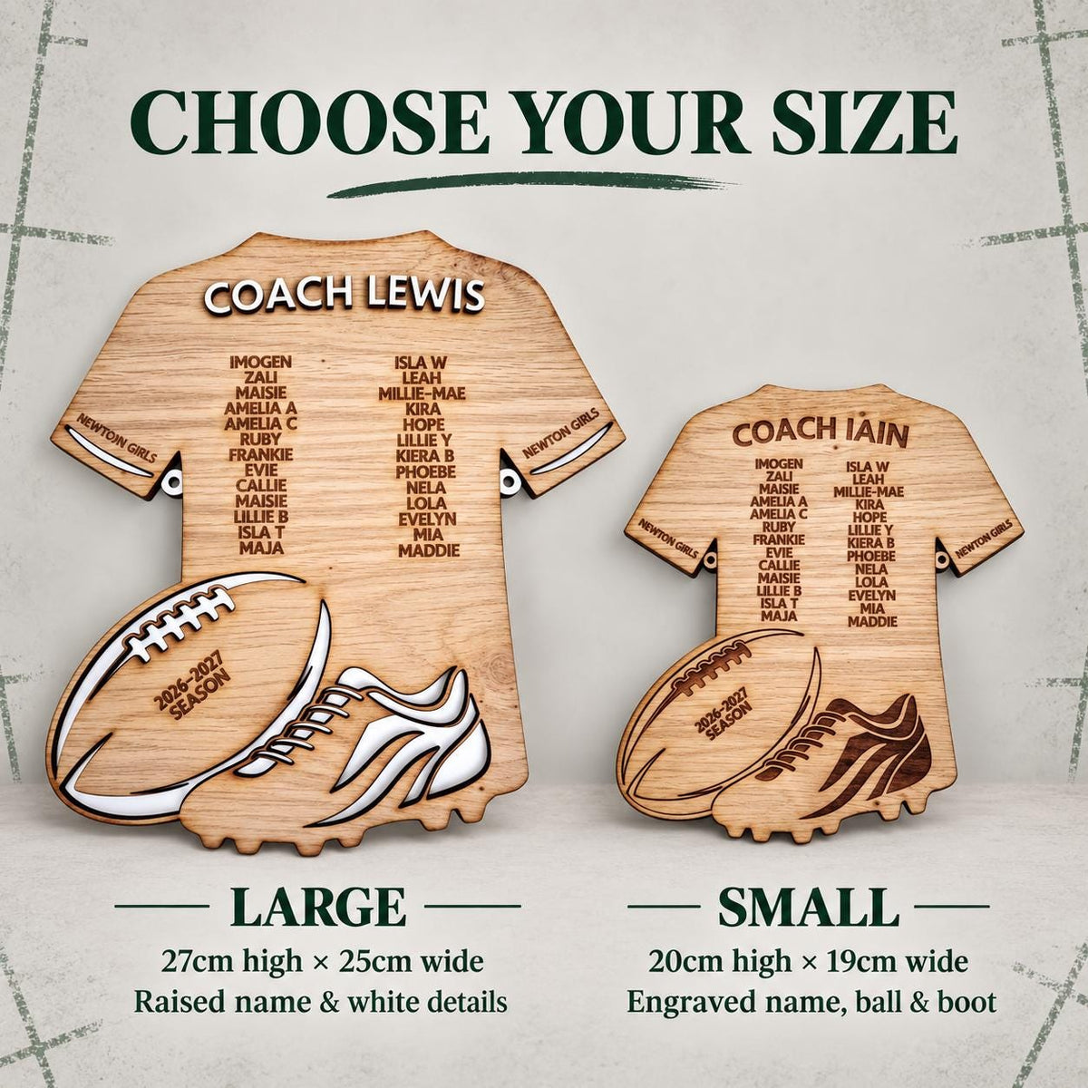 Personalised wooden rugby coach gift plaque with coach and player names on a rugby shirt design, featuring rugby ball and boot details.