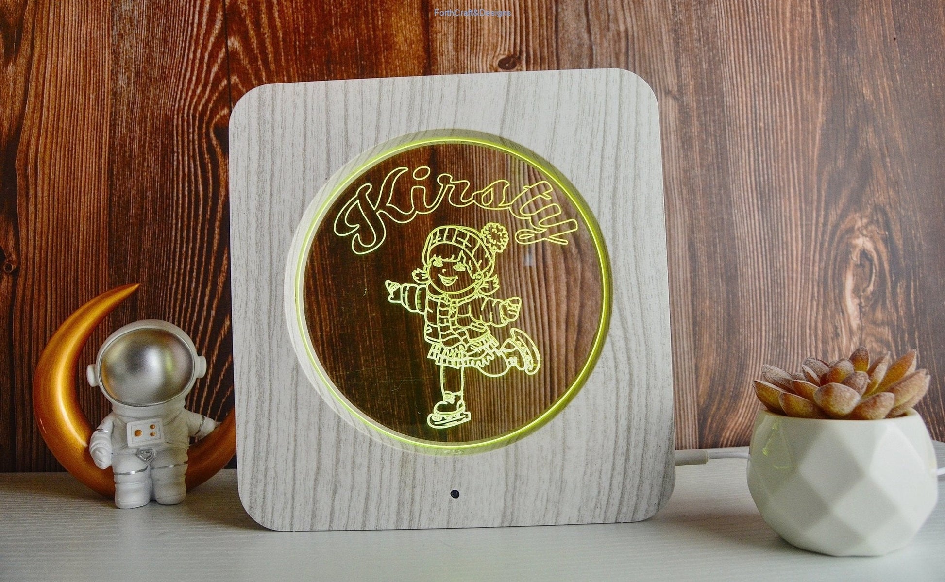 LED night light wood effect, personalised sign,