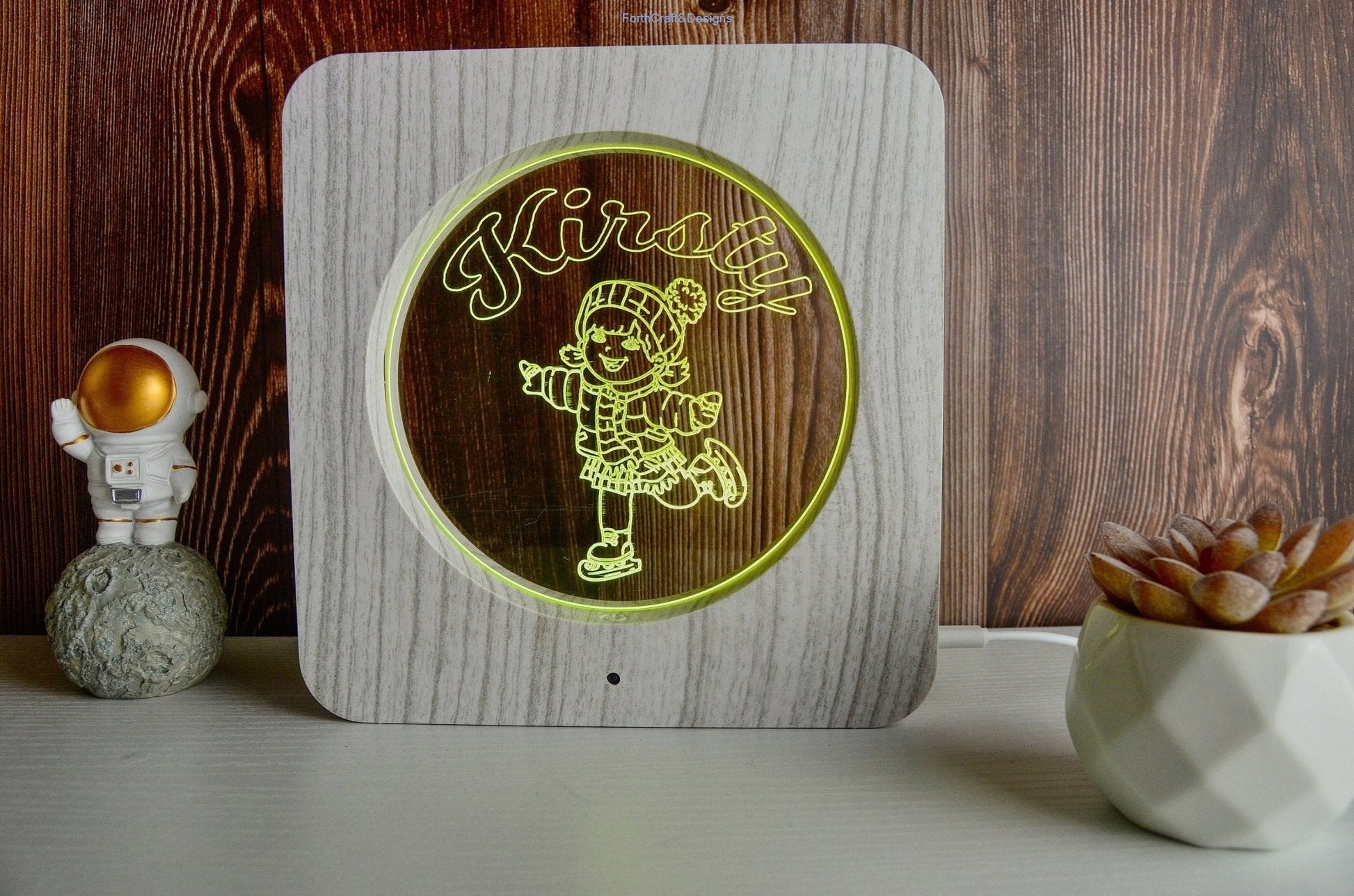 LED night light wood effect, personalised sign,