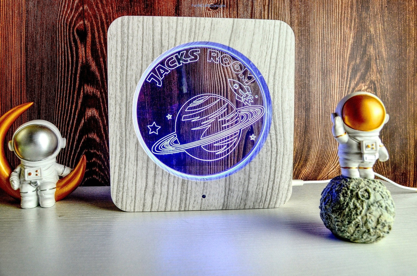 LED night light wood effect, personalised sign, space rocket themed