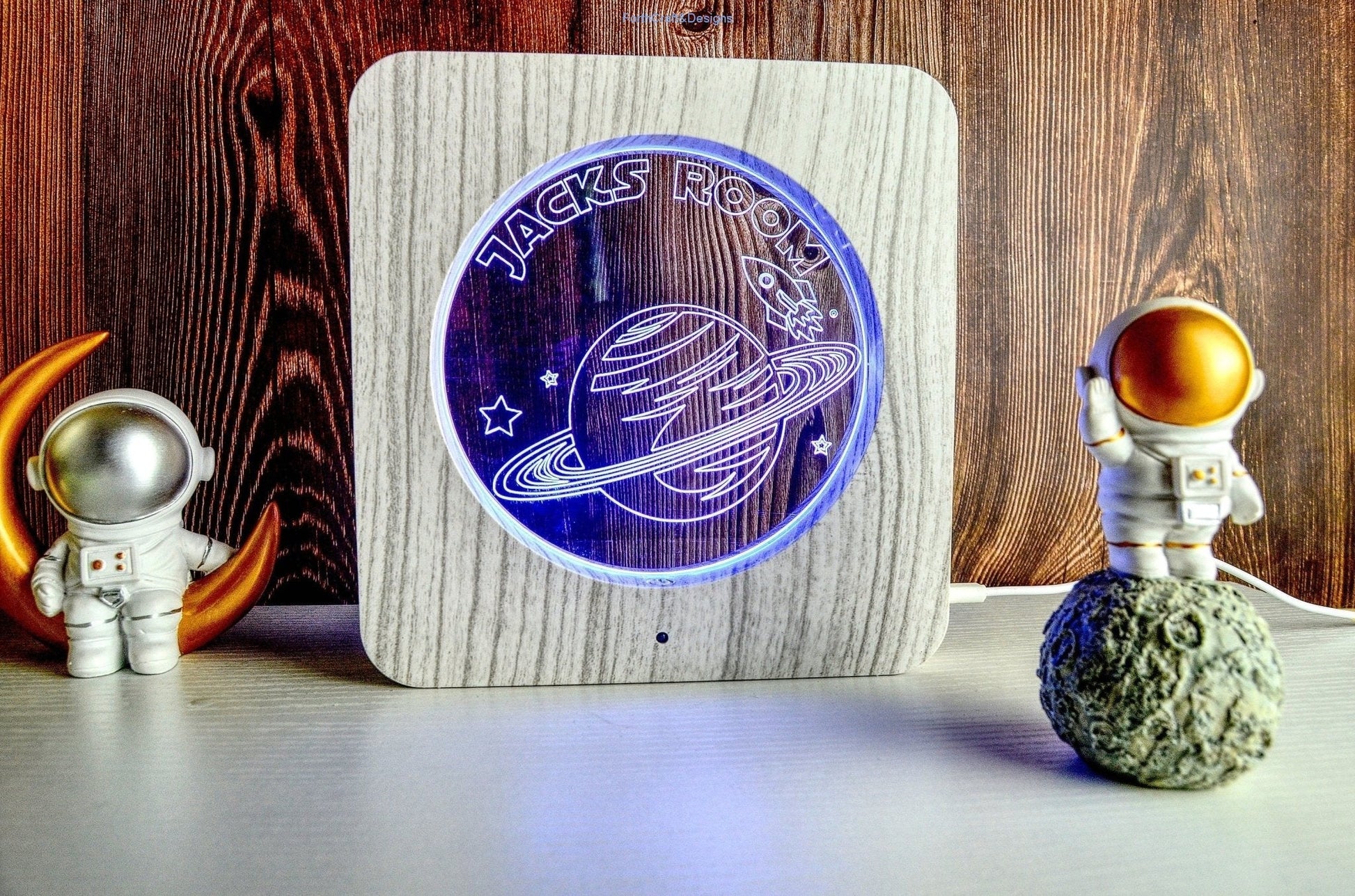 LED night light wood effect, personalised sign, space rocket themed