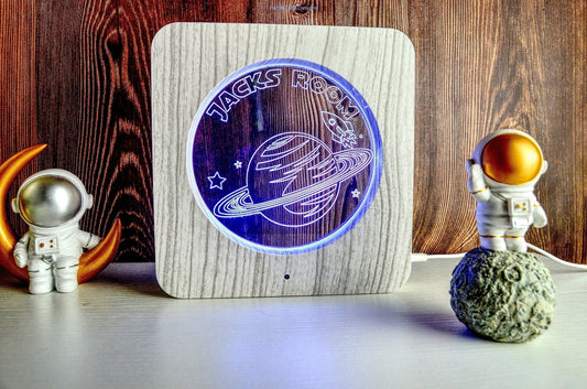 LED night light wood effect, personalised sign, space rocket themed