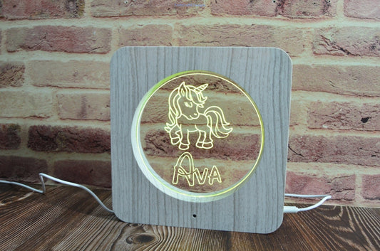 LED night light wood effect, personalised sign,unicorn themed-Forth Craft and Designs