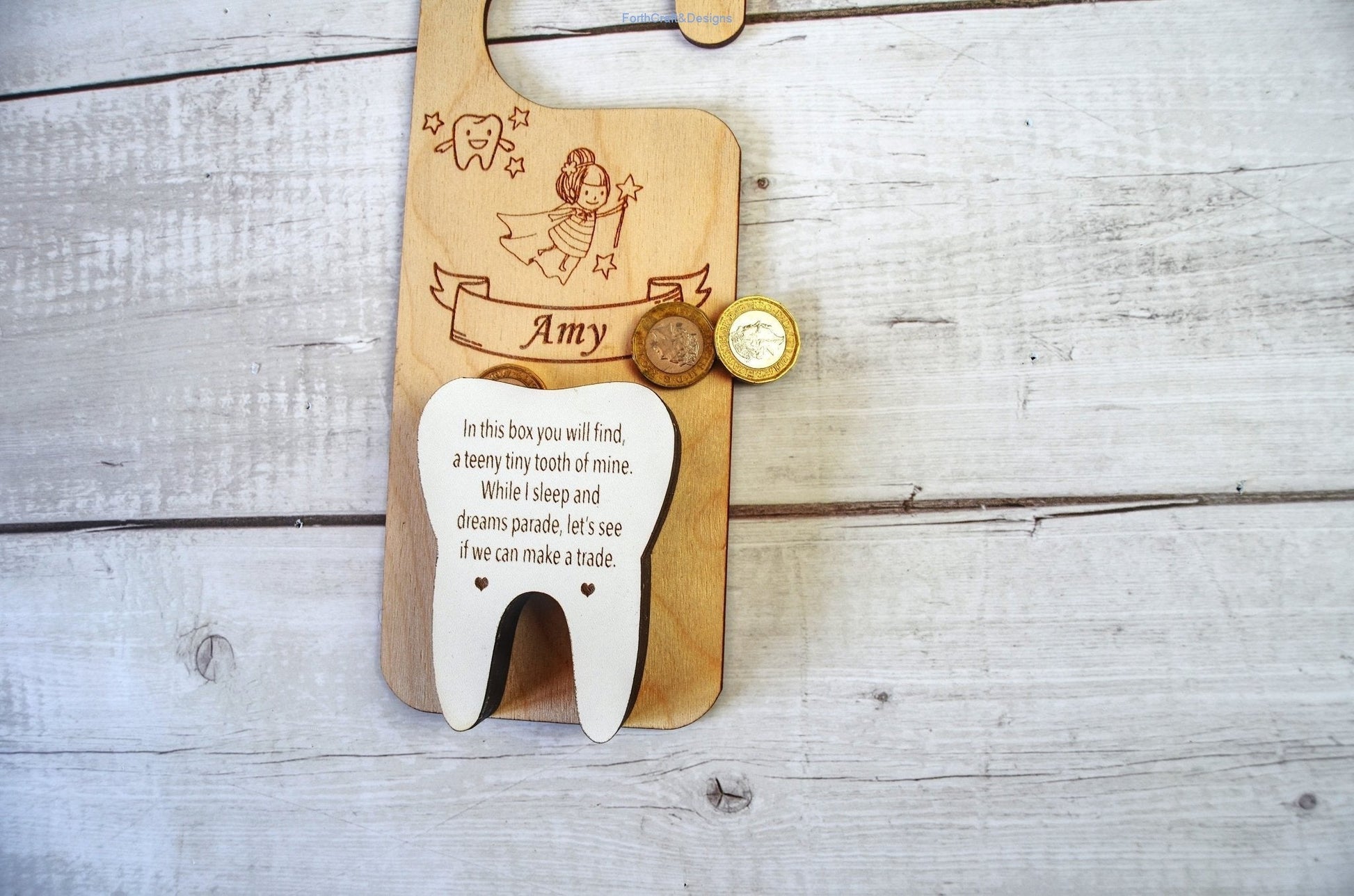 Personalised engraved wooden Tooth fairy door hanger