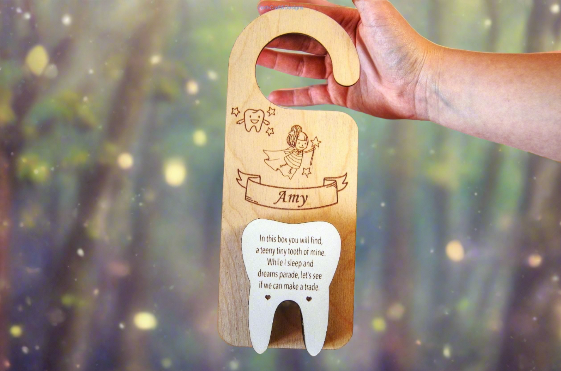 Personalised engraved wooden Tooth fairy door hanger