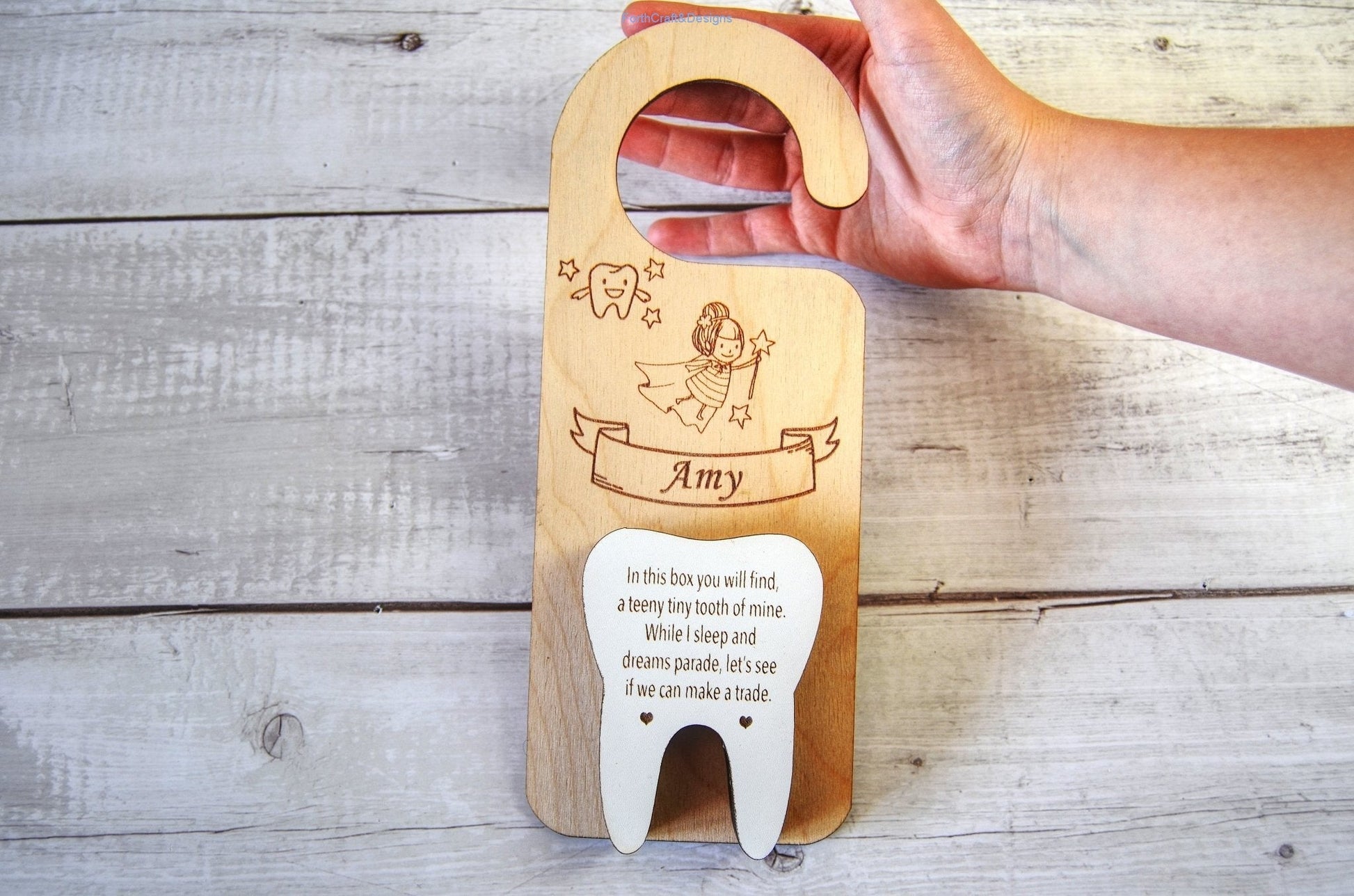 Personalised engraved wooden Tooth fairy door hanger