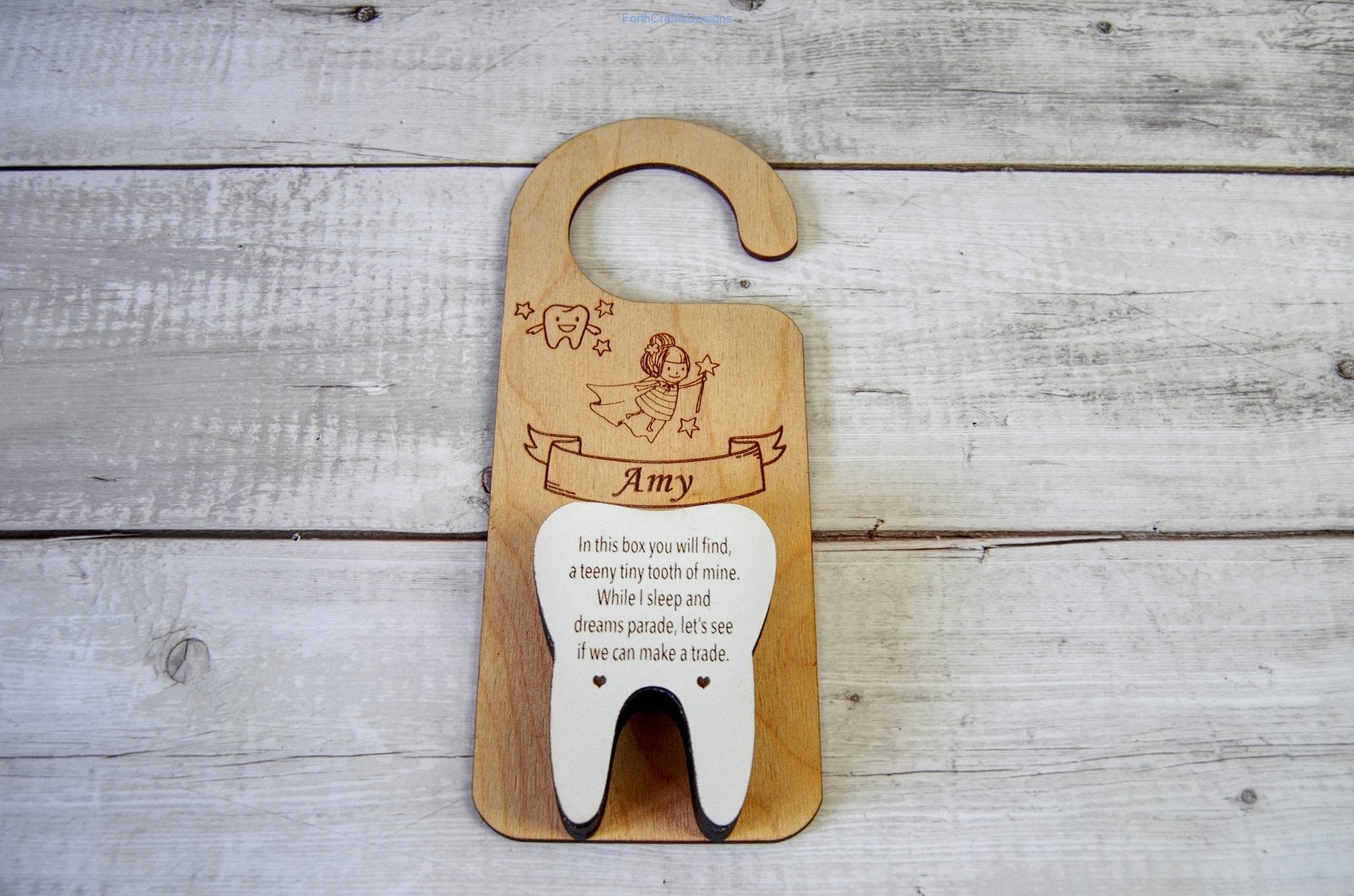 Personalised engraved wooden Tooth fairy door hanger