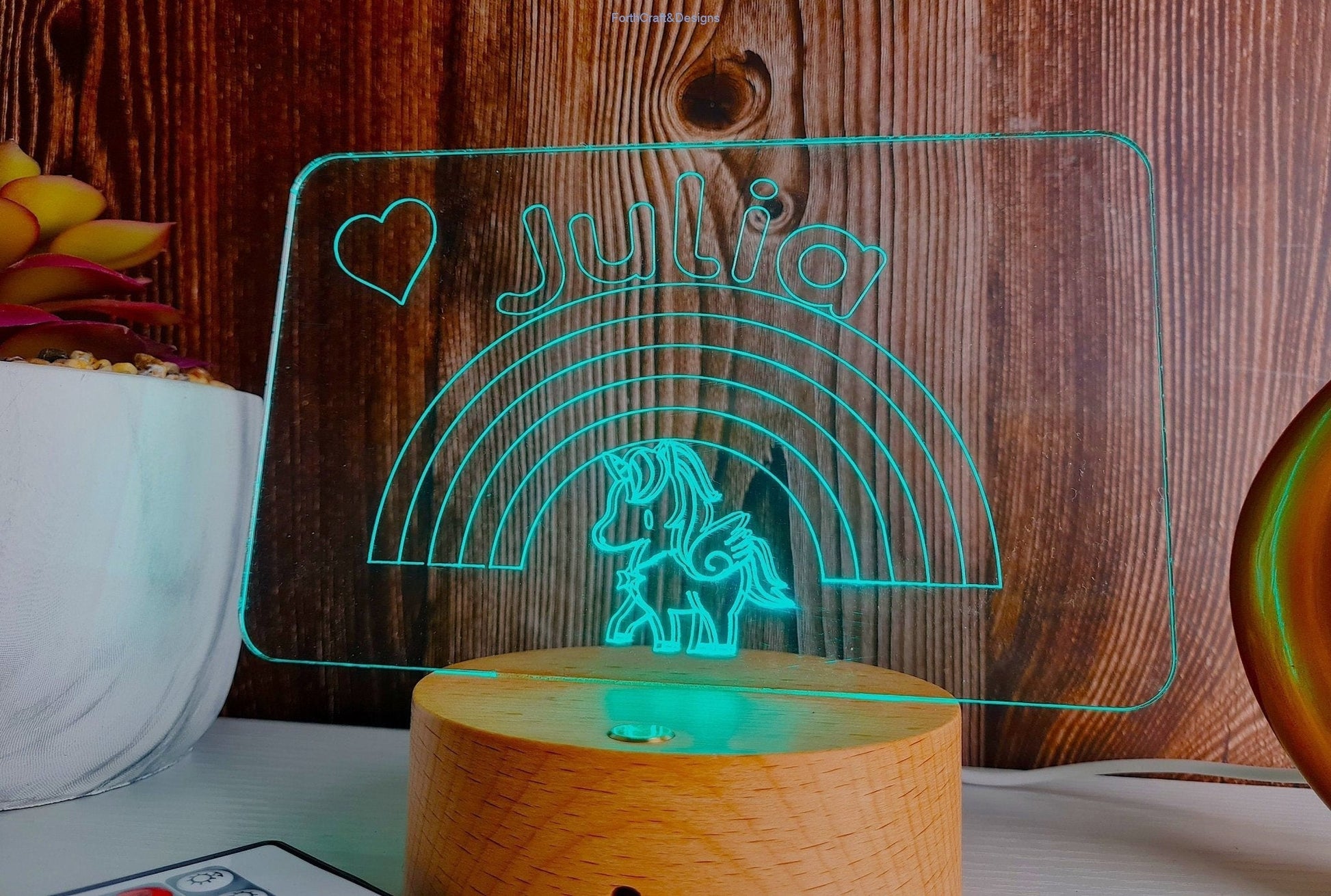 personalised Led name Night light kids room unicorn rainbow theme