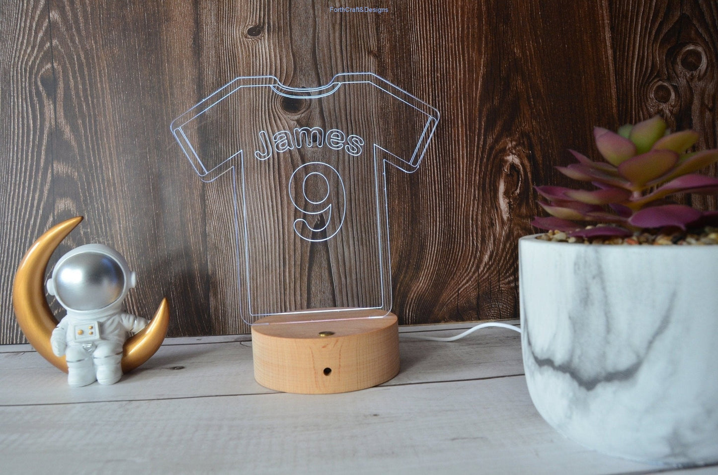 Personalised LED night light in football shirt theme,