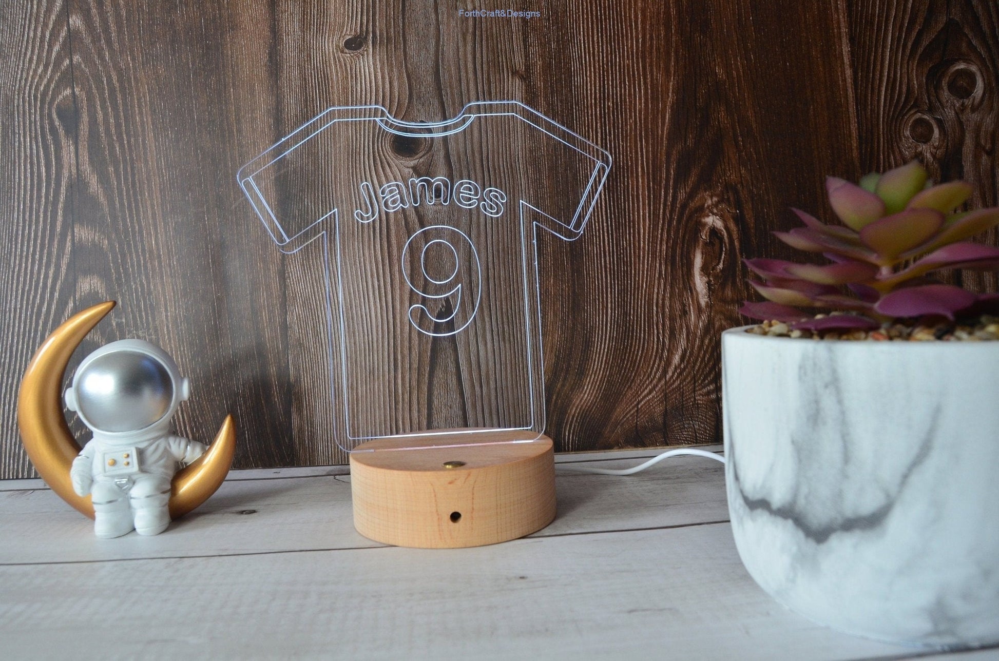 Personalised LED night light in football shirt theme,