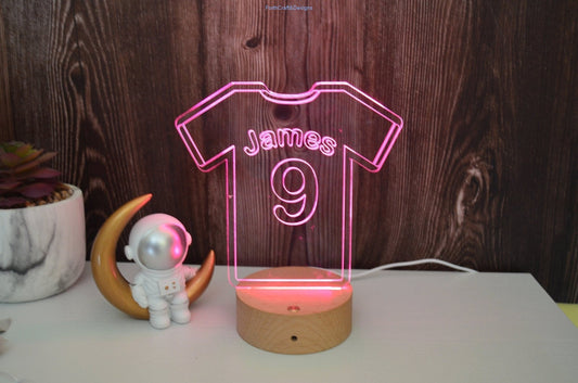 Personalised LED night light in football shirt theme,