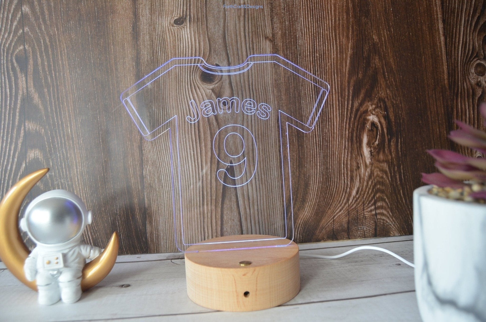 Personalised LED night light in football shirt theme,