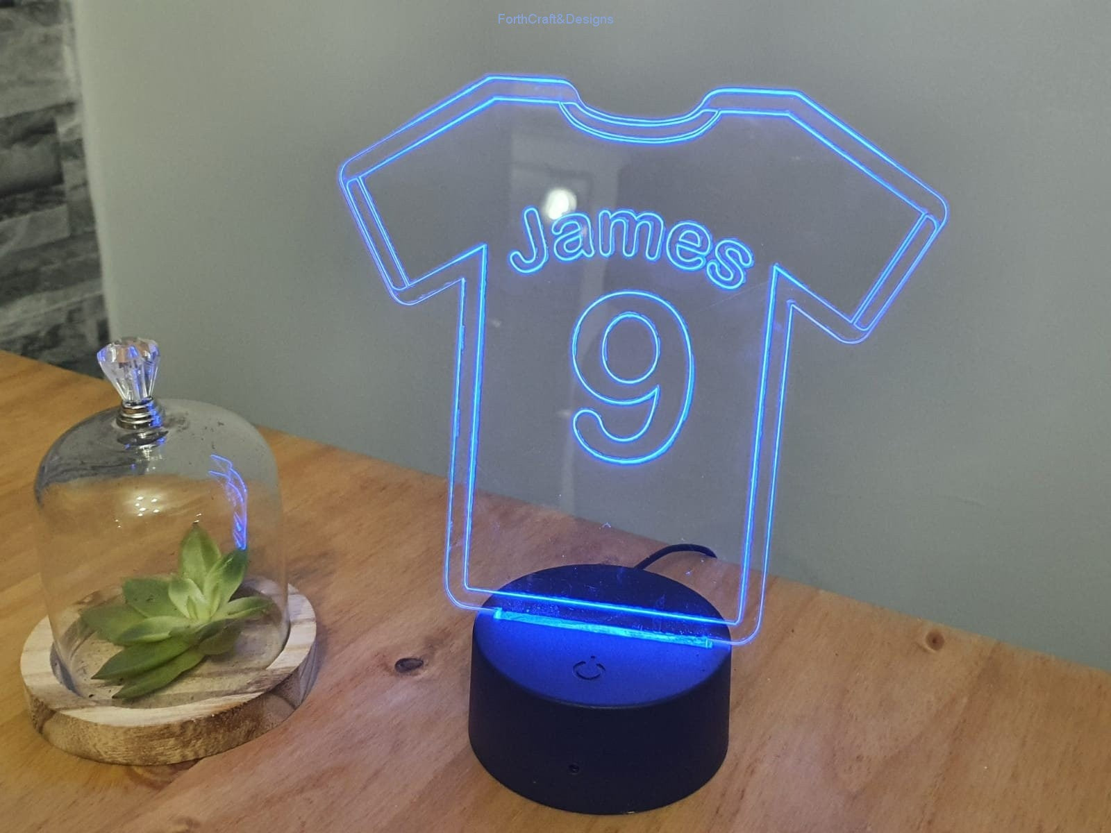 Personalised LED night light in football shirt theme,