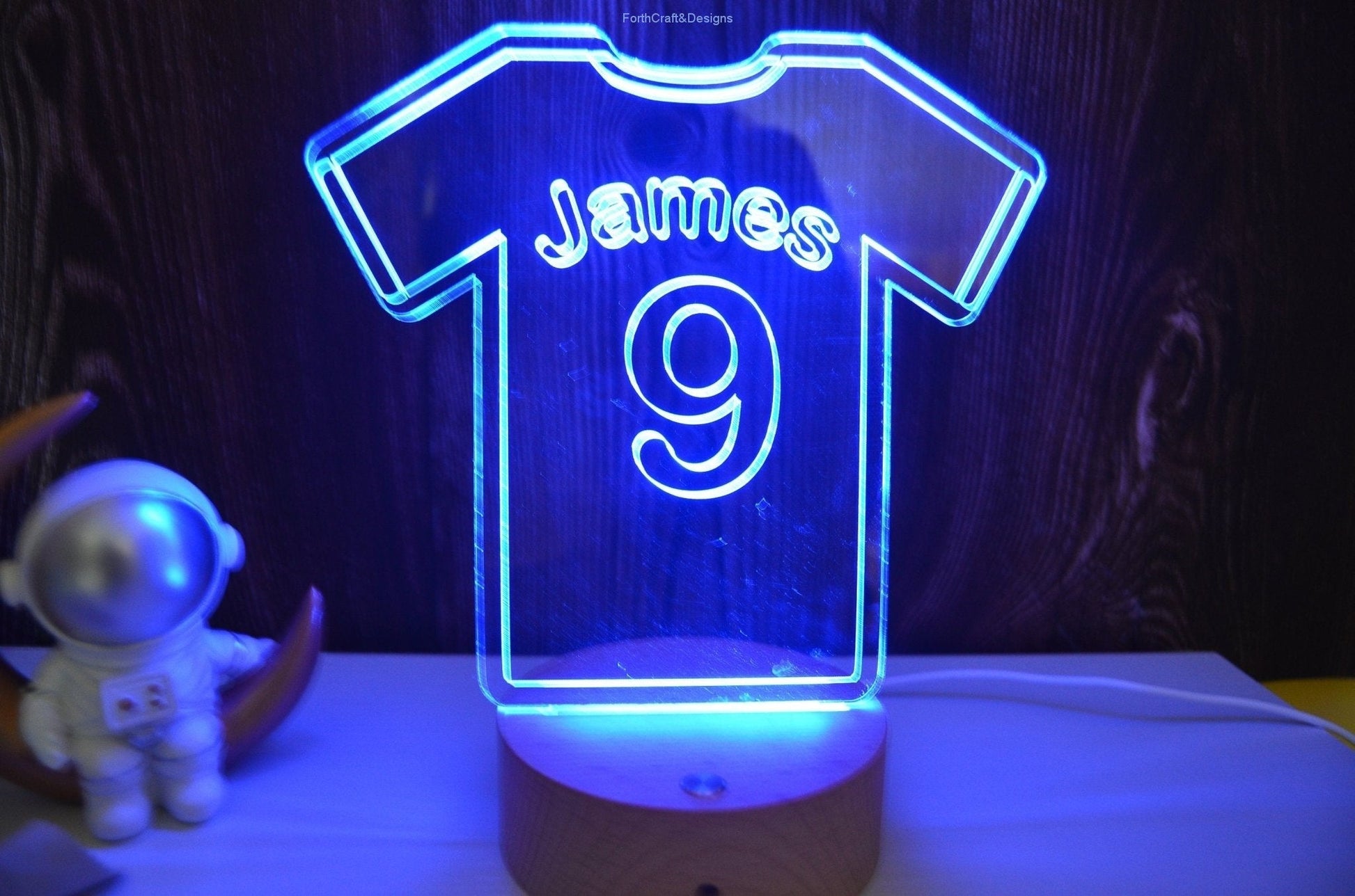 Personalised LED night light in football shirt theme,