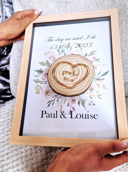 Personalised wedding or Anniversary framed log slice gift-Forth Craft and Designs