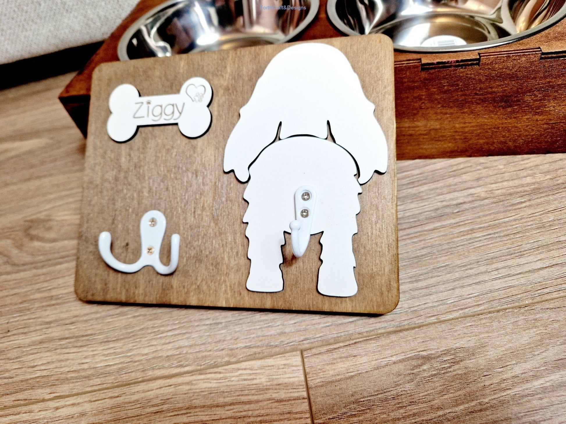 Personalised Wooden Dog Leash Hanger, and feeding station bundle.