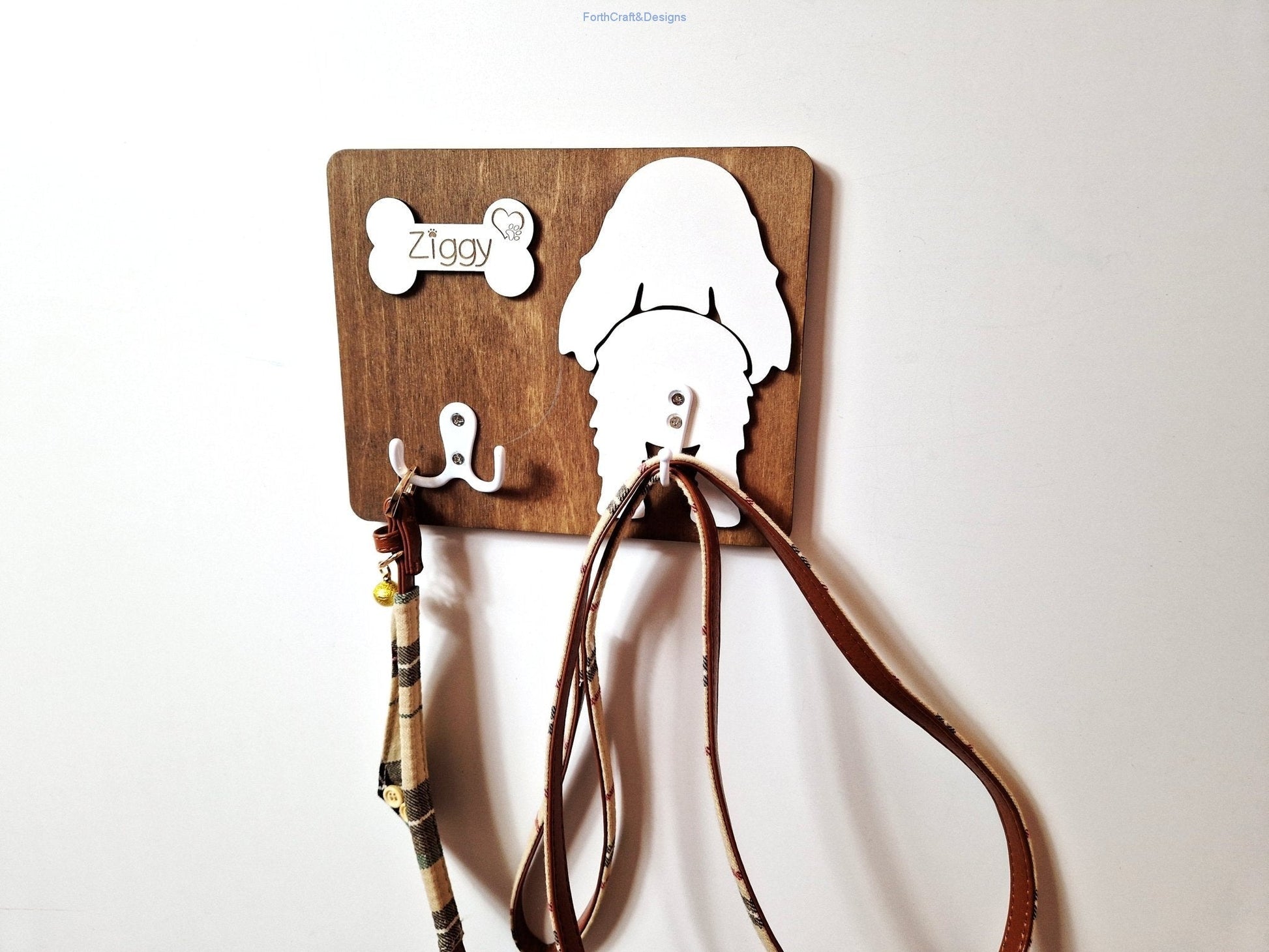 Personalised Wooden Dog Leash Hanger, and feeding station bundle.