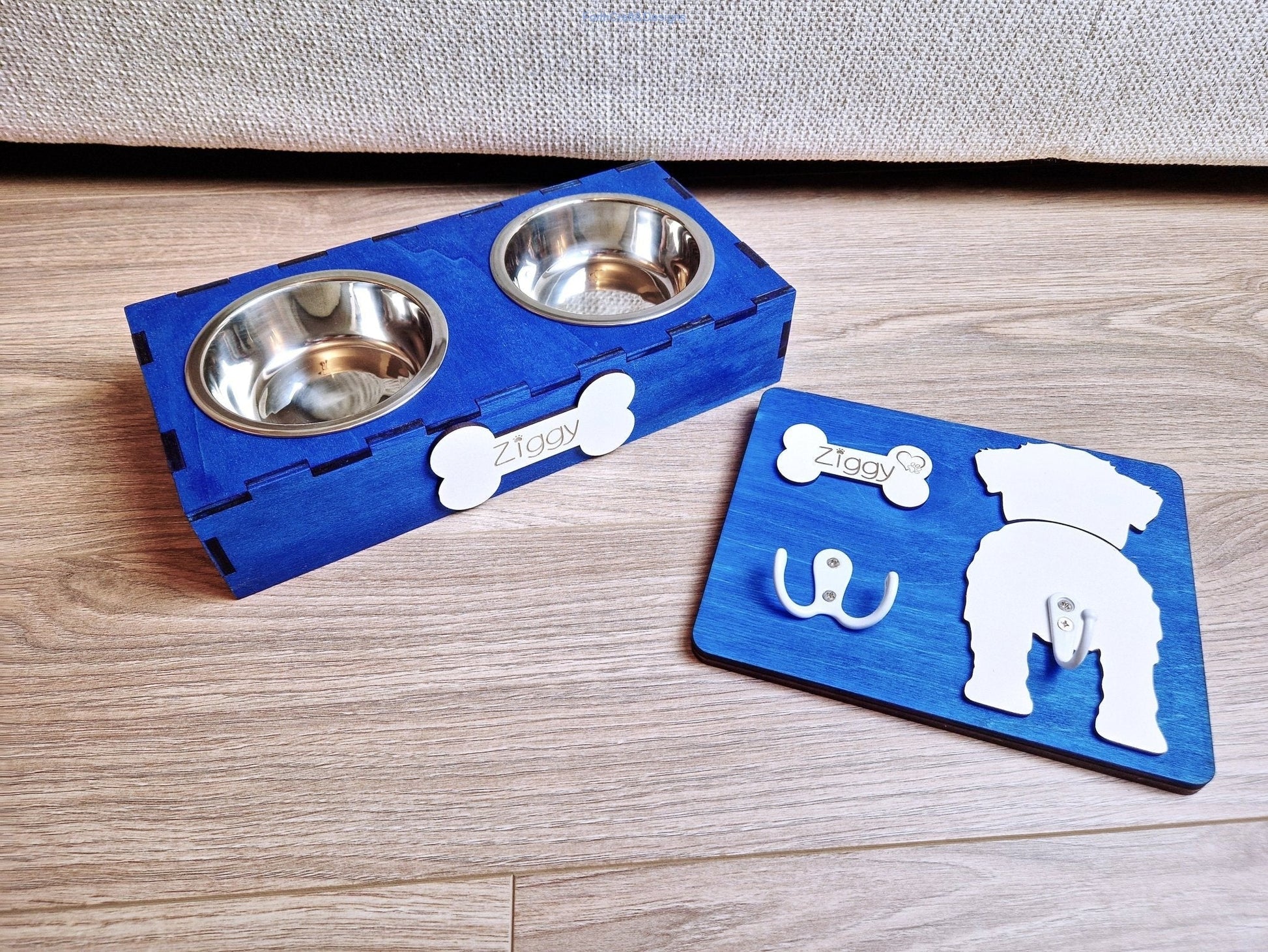 Personalised Wooden Dog Leash Hanger, and feeding station bundle.