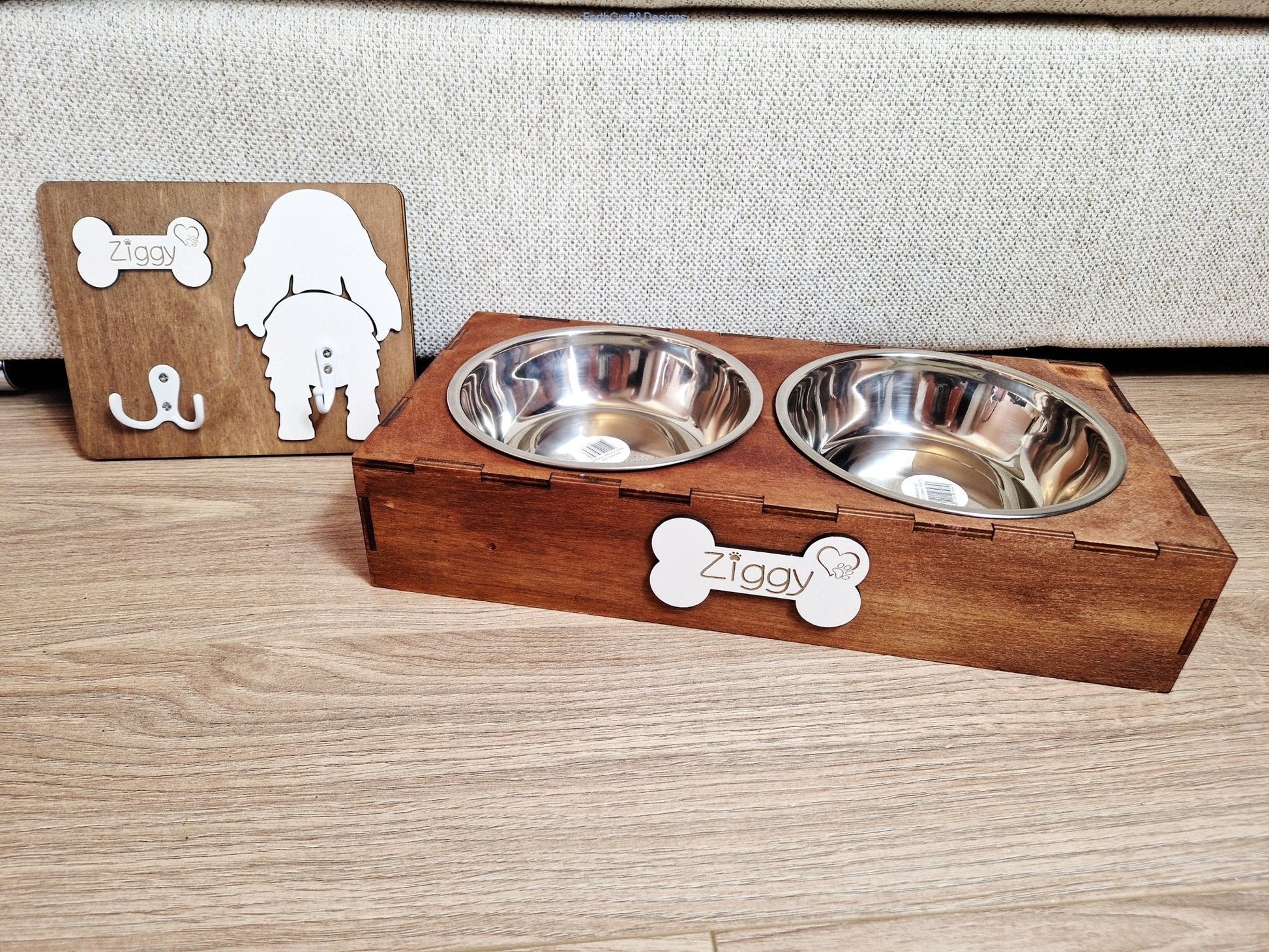Personalised Wooden Dog Leash Hanger, and feeding station bundle.