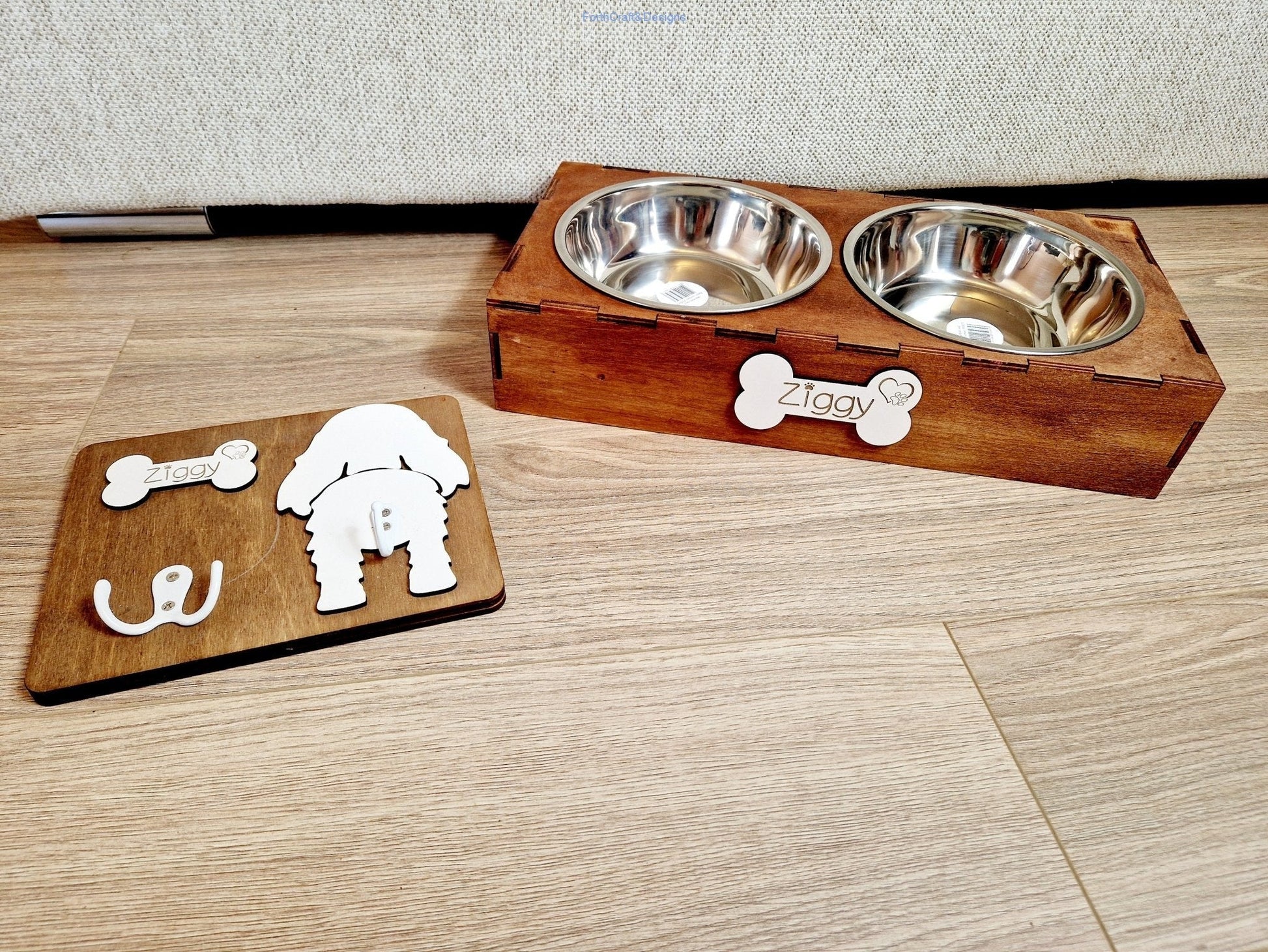Personalised Wooden Dog Leash Hanger, and feeding station bundle.