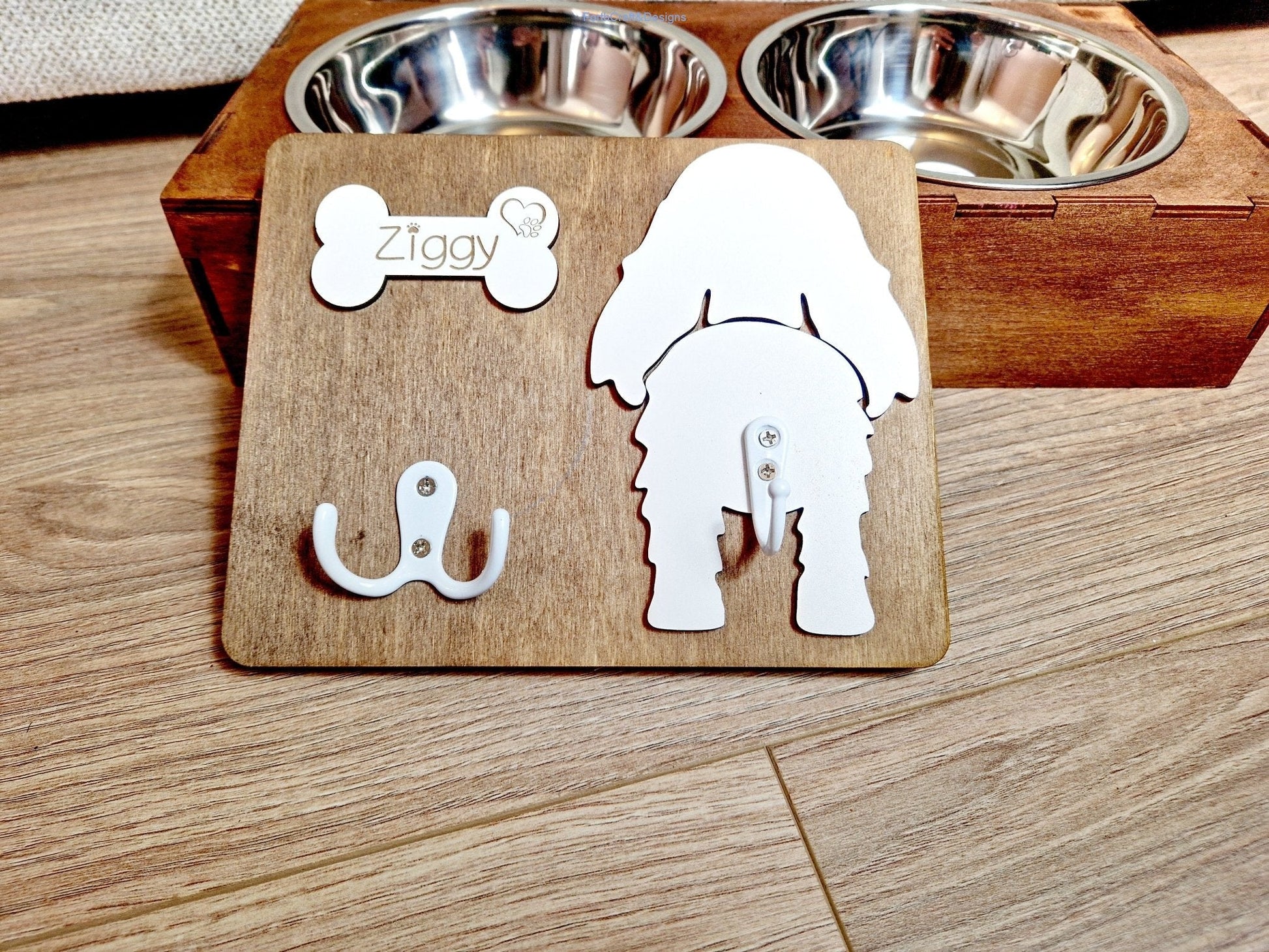 Personalised Wooden Dog Leash Hanger, and feeding station bundle.